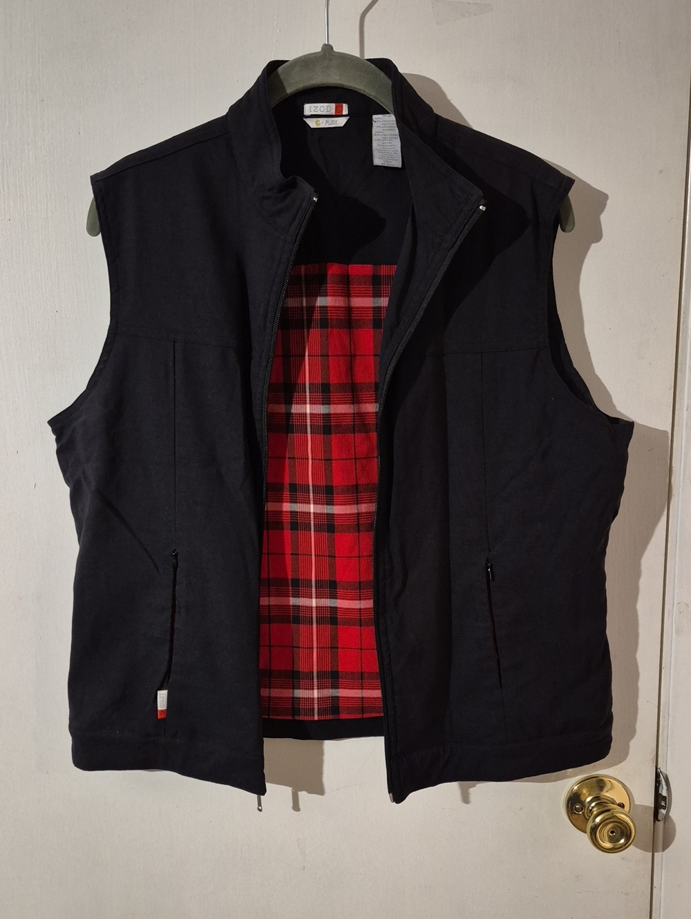 Izod Black Sleeveless Vest with Red Plaid Lining